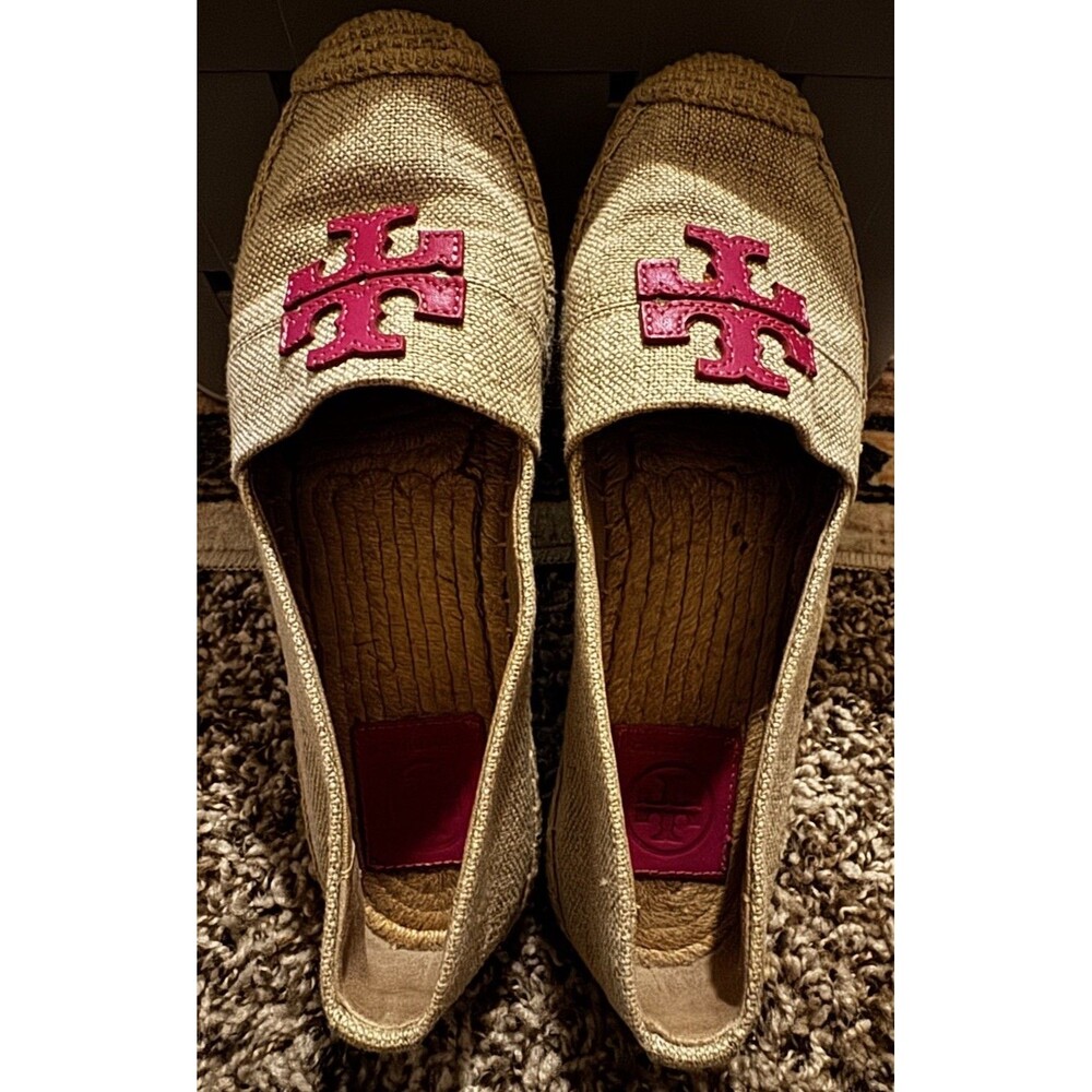 EUC Tory Burch Weston Women Beige Pink Logo Slip On Espadrilles Flats Shoe Sz 7